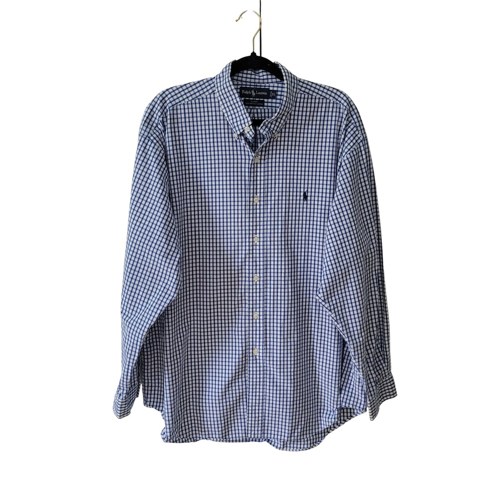 Ralph Lauren XL Button Down Shirt Mens Blue White Gingham Blake Two-Ply Cotton